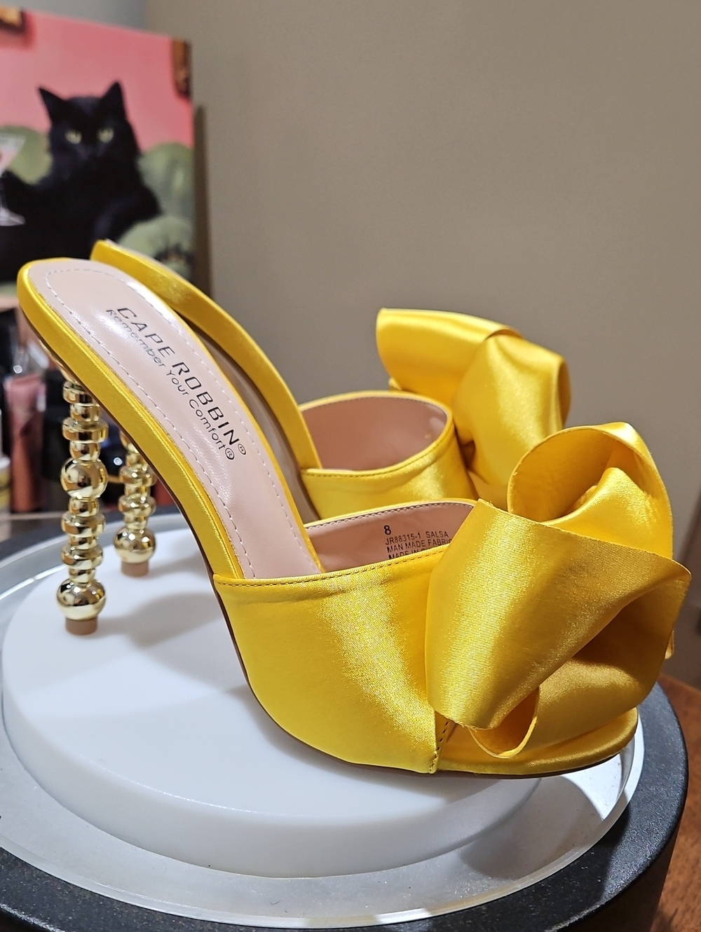 Cape Robbin Yellow Satin Bow with Gold Bead Heels